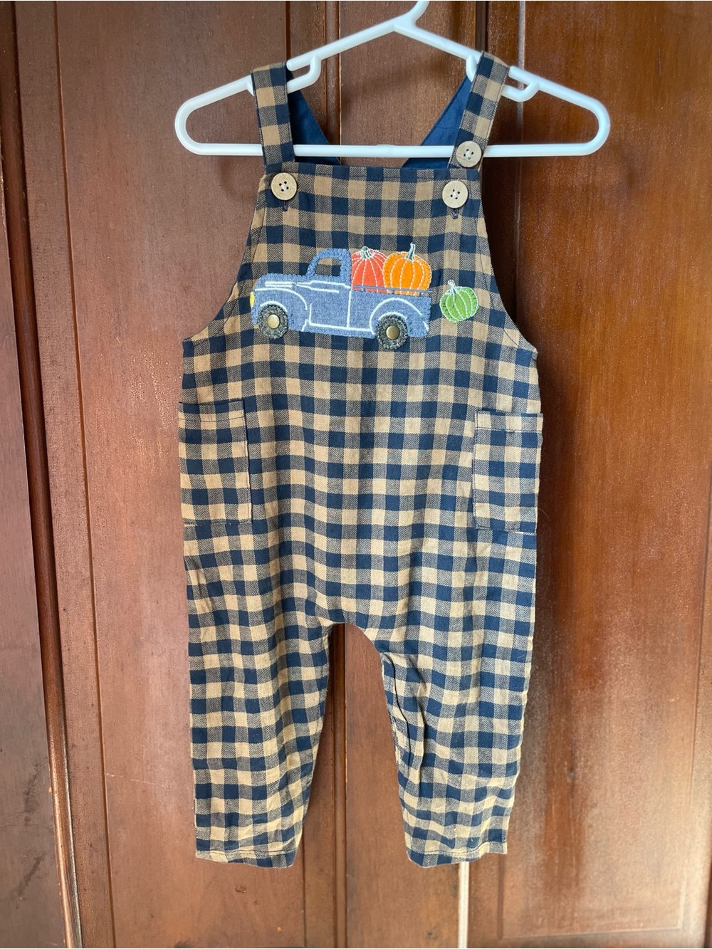 Mudpie baby 6-9 months brown / blue plaid overalls / bibs